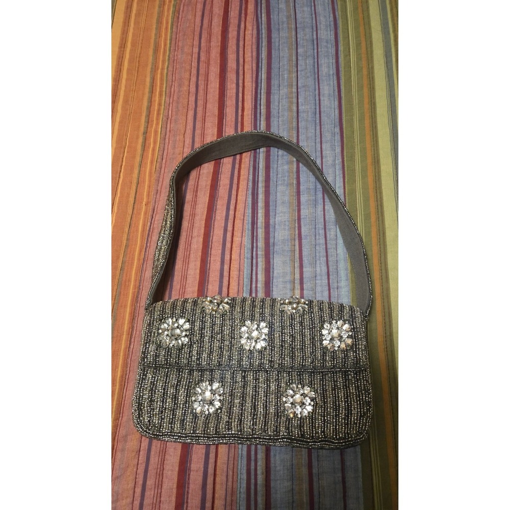 Anthropologie Beaded Shoulder Bag Grey Silver Crystal Floral‎ Evening Handbag
